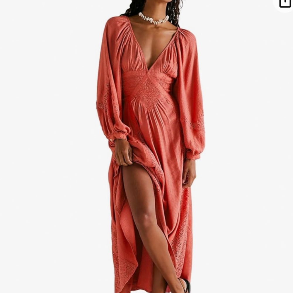 Chic Coral Long Sleeve Maxi Dress